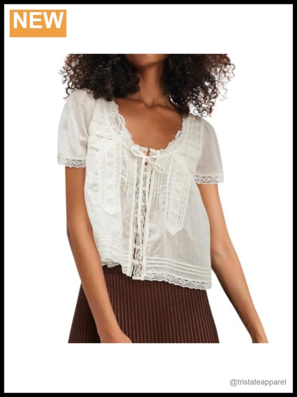 Boho Lace Trim Crop Tee Top Button Down Tie Front Short Sleeve Flowy Blouse